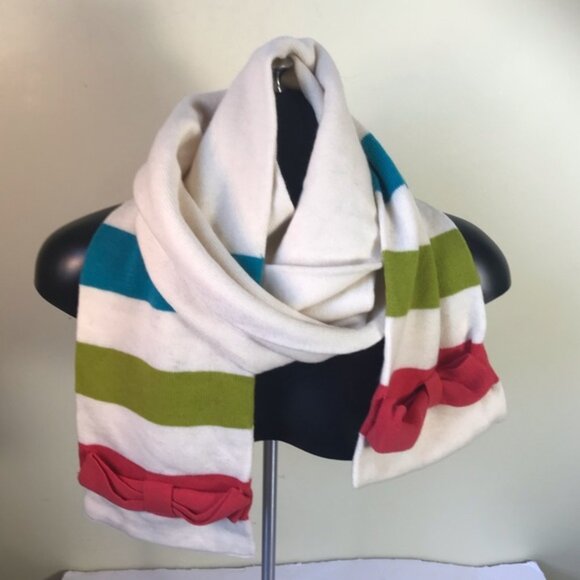 Kate Spade Accessories 100% Wool Scarf Bows Knit Cream Multi Coloured Striped - Picture 1 of 9